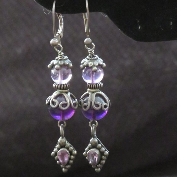 GlassWear Art Couture Jewelry - Genuine amethyst and Bali silver earrings